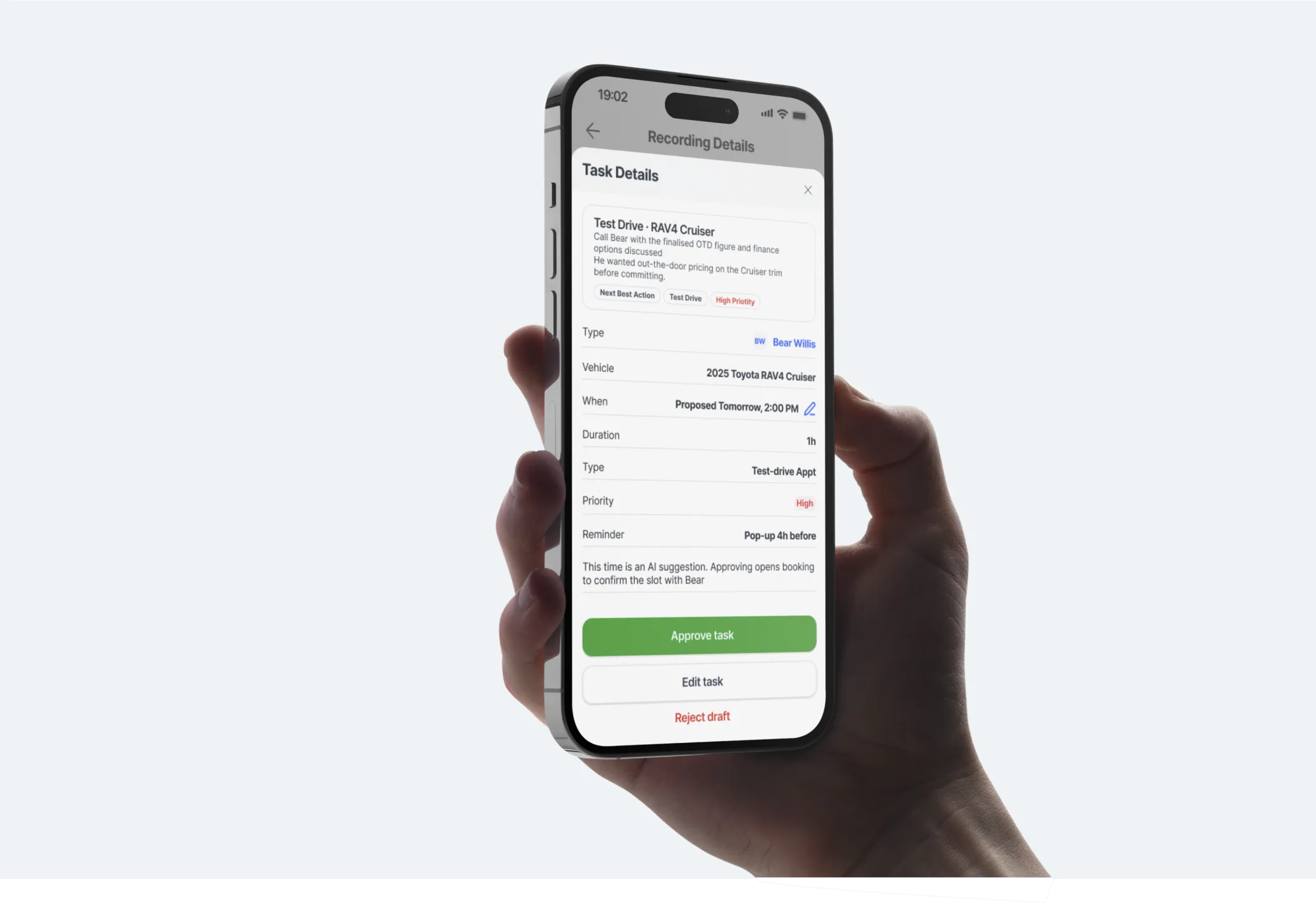 A salesperson reviewing a customer's task details on a phone