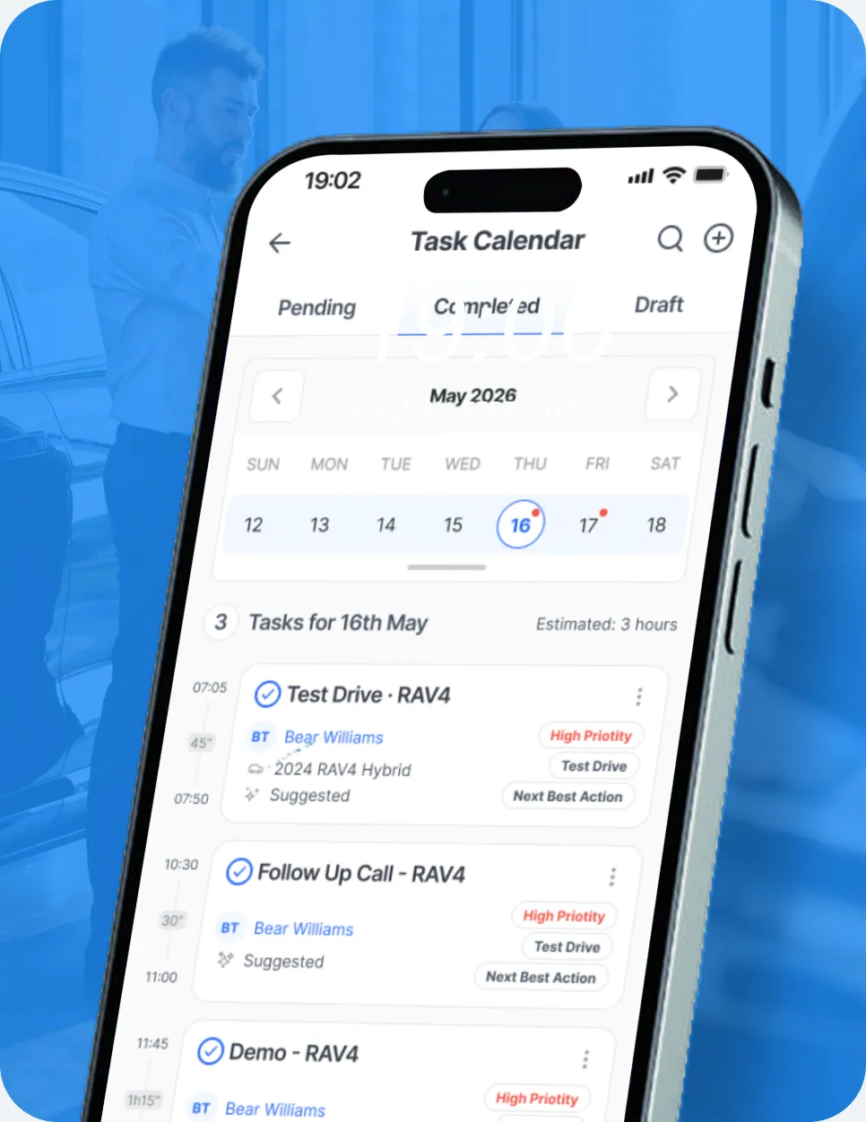 The TrustDriver task calendar on a phone, showing a day of scheduled customer follow-ups